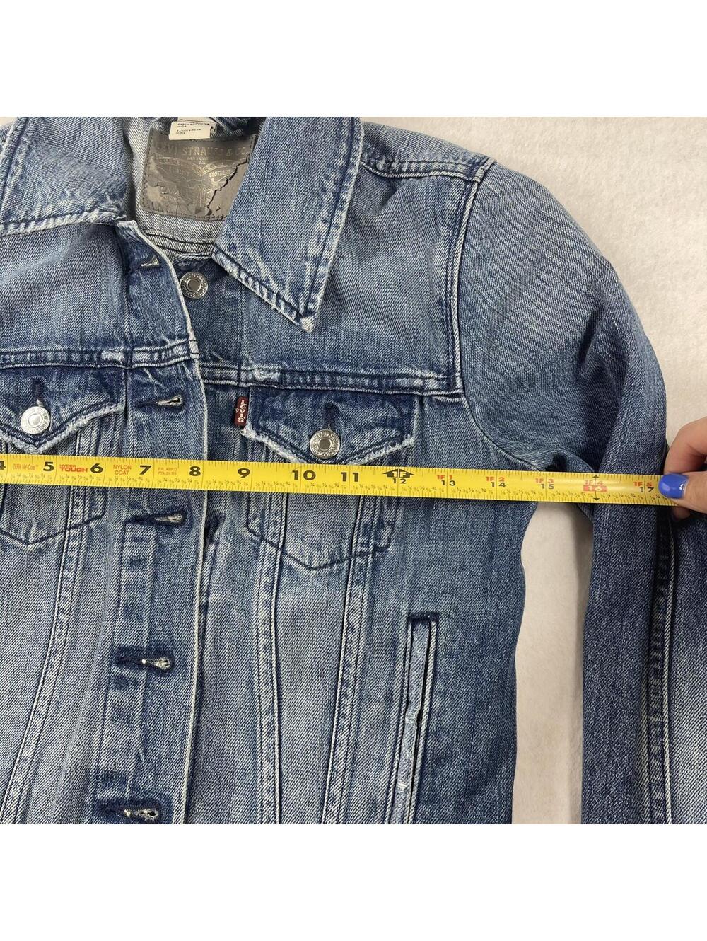 Levi Denim Blue Jean Trucker Jacket Women's XS Distressed - Flap Pockets - Picture 7 of 10